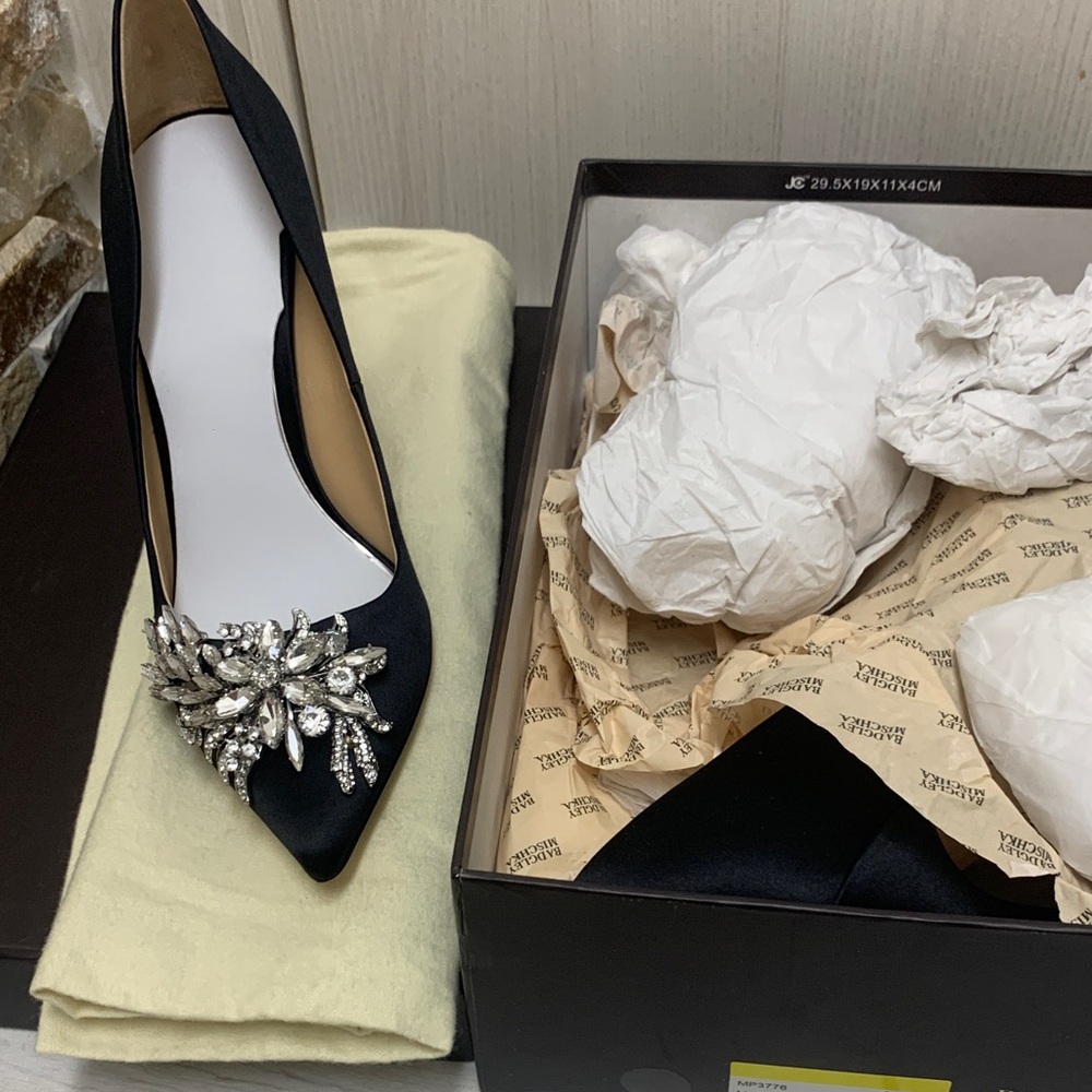 Badgley Mischka Black Satin Pointed Toe Pump with Crystal Embellishment